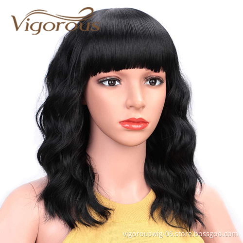 Vigorous Short Wavy Wigs for Black Women African American Synthetic Black Hair Wigs with Bangs Heat Resistant Cosplay Wig